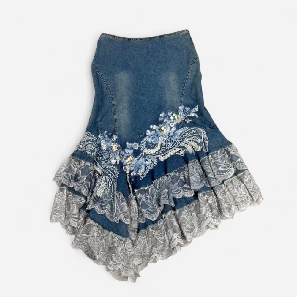 Vintage y2k West 36th fairy mermaid coquette denim midi skirt with lace beaded